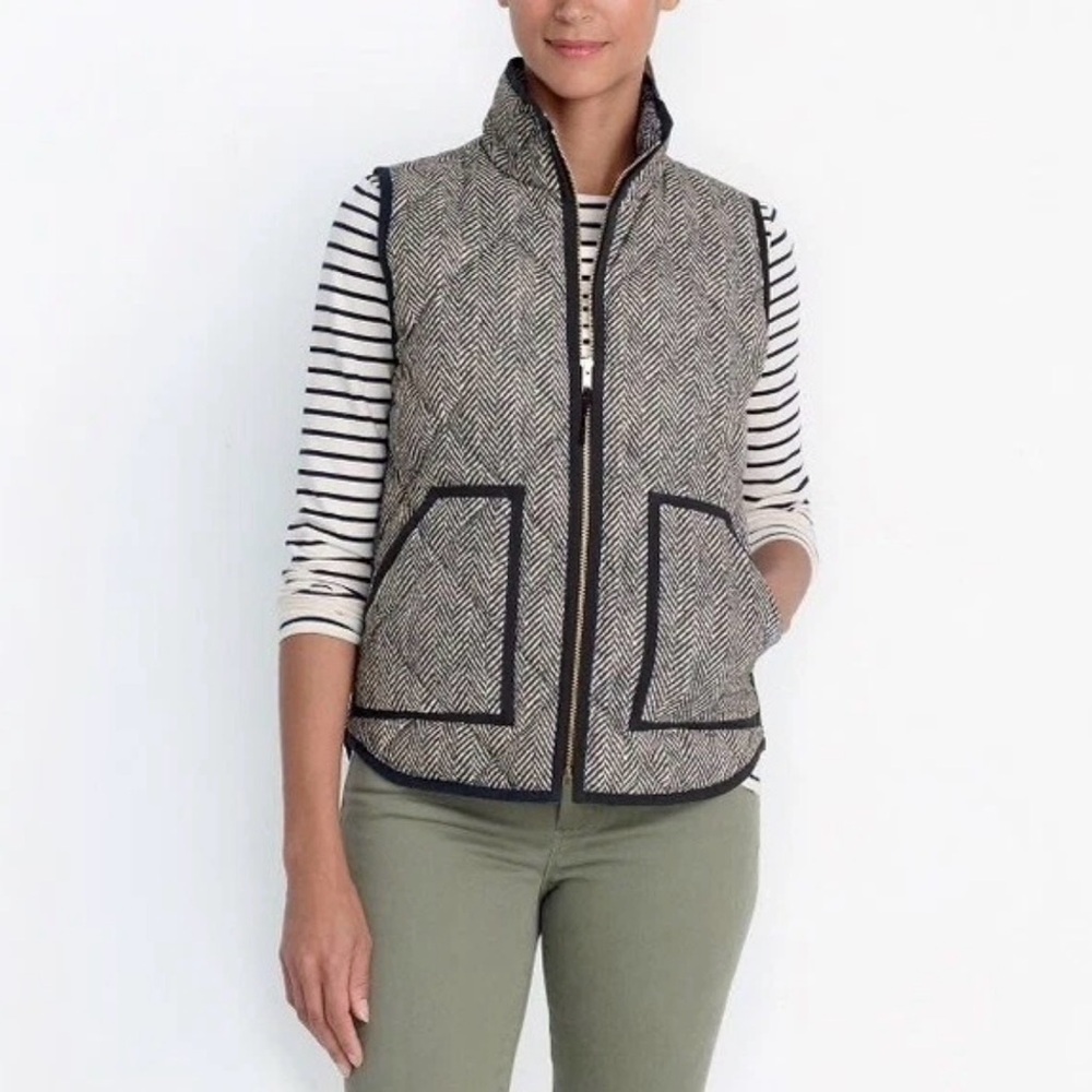 J. Crew Women's Black Cream Herringbone Quilted Puffer Vest Size S